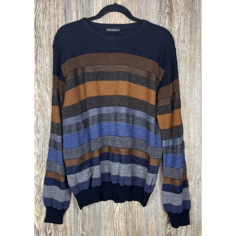 Bullock & Jones Striped Virgin Wool & Acrylic Sweater‎ Size L Blue/Brown ITALY
